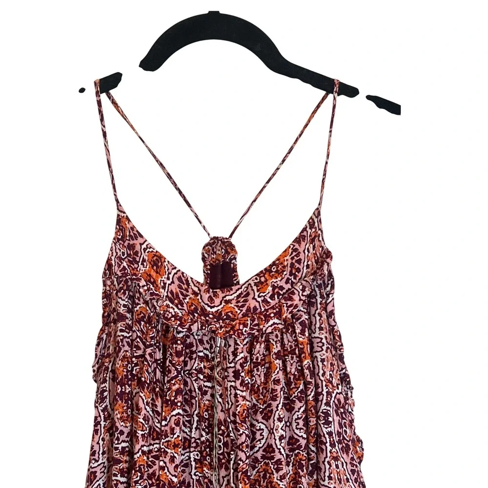 MISA Los Angeles Boho Paisley Maxi Dress Burgundy Orange Tassel Spaghetti Strap - Picture 4 of 7
